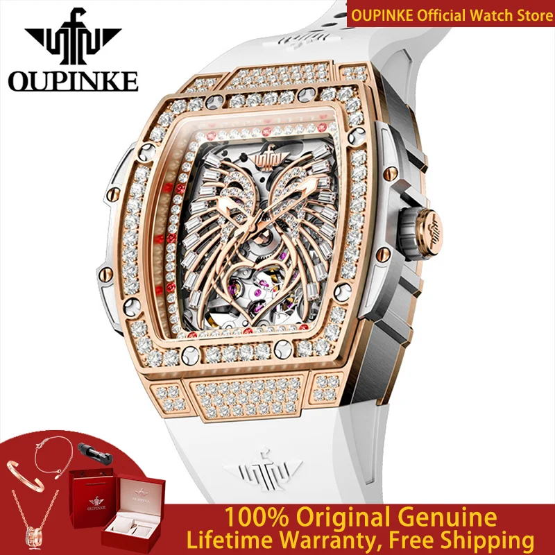 OUPINKE Luxury Hollow Women Mechanical Watch Top Brand Diamond Waterproof Watch Silicone Strap Women Automatic Watch Set 3225