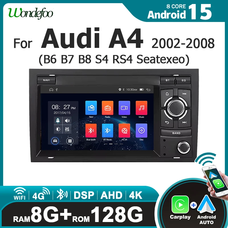 Écran 7'' Android 15, autoradio sans fil Carplay, accessoire stéréo pour Audi A4 B6 S4 B7 RS4 Seat Exeo 2002-2008, système intelligent Bluetooth, lecteur multimédia 2 DIN WIFI 4G