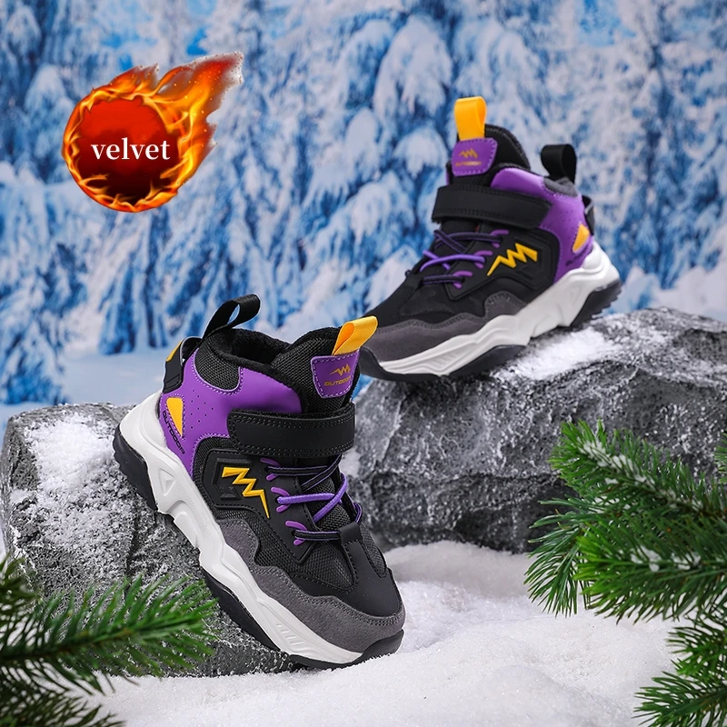 

Fashion Purple Winter Sneakers Kids Velvet High Top Casual Sneakers Boys Girls Cotton Shoes Outdoor Warm Children's Sports Shoes