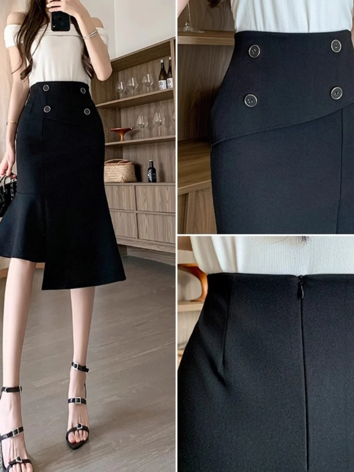 

Ele High Waist Asymmetrical Fi Tail Skirt Women's Faion Retro Sle Slimming Bodycon Midi Skirt Polyester Fiber