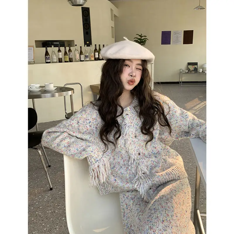 شرابة محبوك سترة تنورة دعوى الشارع قوس قزح الألوان المتناقضة الراقية سترة قطعتين مجموعة