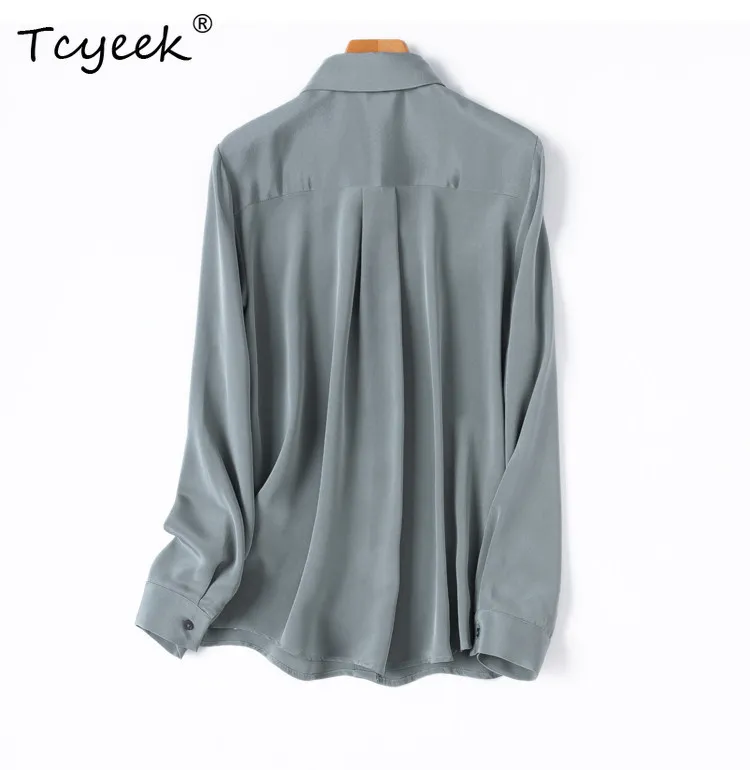 Tcyeek 26MM Heavyweight 93% Natural Mulberry Silk Elastic Heavy Crepe Women's Fashion Long Sleeved Square Neck Commuting Shirt