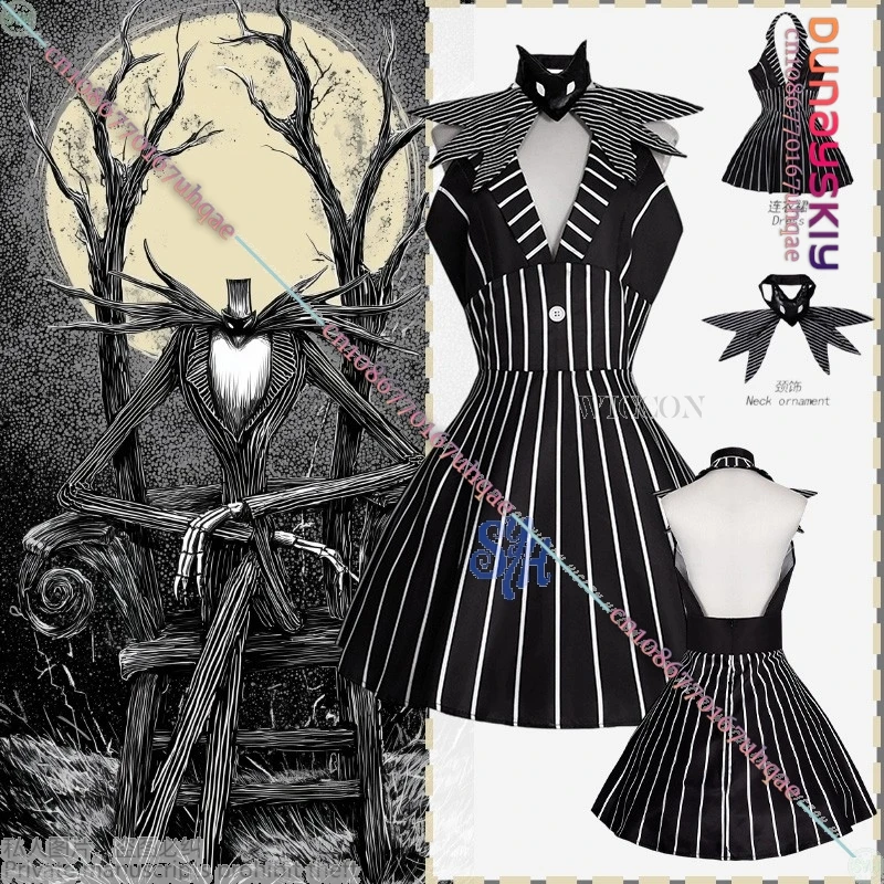 أنيمي أنشطة الهالوين حفلة تأثيري Skully Genderswapped أسود أبيض مخطط بلا أكمام عارية الذراعين {SAIKOU} فستان القوطي لوليتا #1