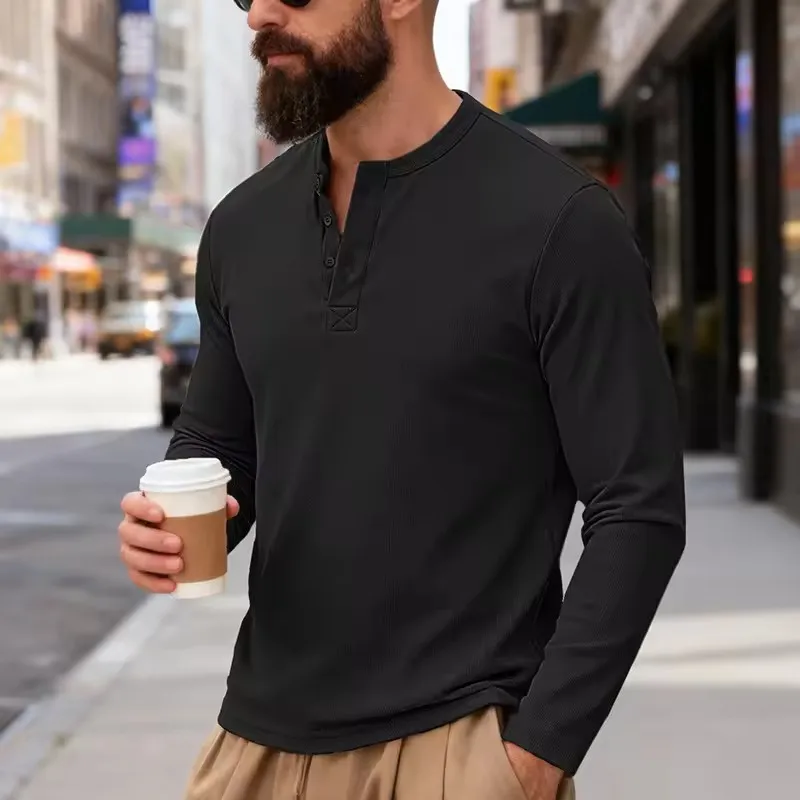 Men Waffle Knit Henley Long Sleeve T‑Shirt Half Button Solid Color Casual Pullover Tops Male Daily Basic Tees for Spring Autumn