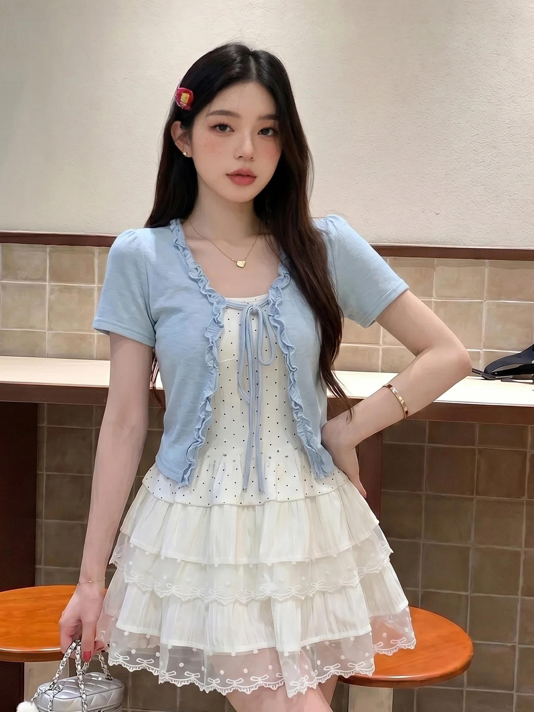 

Korean Style Sweet Casual Short Sleeve Women's Fashion Set High Waist Cake Skirt Slimming Summer Leisure Commute Outfit