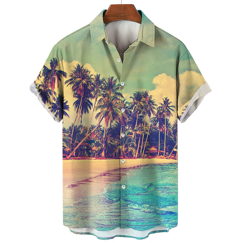 

Hawaiian Men's Shirt Beach Coconut Tree Print Shirt For Men Lopel Neck Button Short Sleeve Top Fashion Male Clothes Blouse Tops