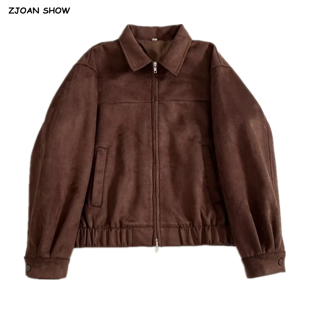 

New Autumn Vintage Lapel Collar Zip up Suede Coat for Women Elastic Hem Long Sleeve Casual Jacket Brown Outerwear Female