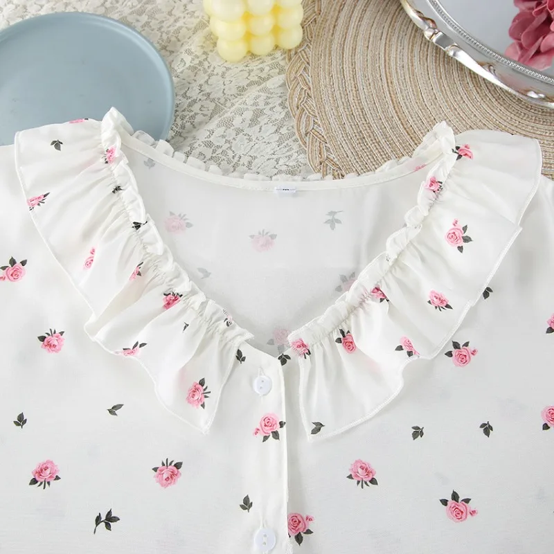 2025 النمط الأوروبي الأمريكي المرأة مريحة طويلة الأكمام 2 قطعة مجموعات بيجامة مجموعة مع طباعة الحب و لوتس ليف حافة ملابس المنزل #4