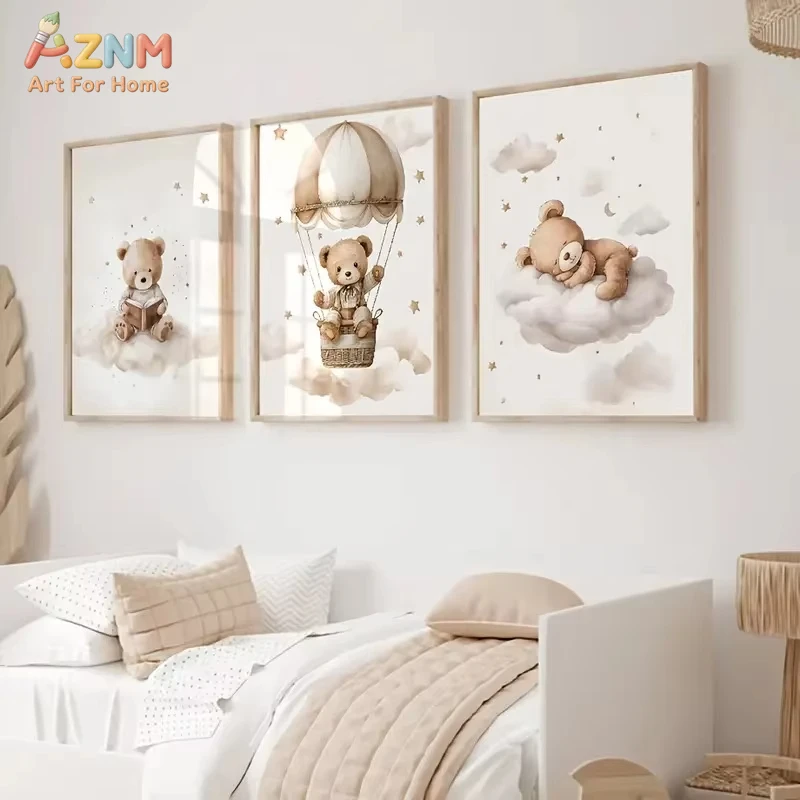 Bohemian Nursery Wall Art 3PCS Unframed Teddy Bear Star Cloud Canvas Poster, Cute Animal Prints for Bedroom Home Decoration