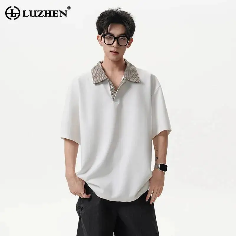 

LUZHEN 2026 Summer Color Contrast Splicing Lapel Short Sleeve T-shirts Men's Fashion Handsome Korean Casual Male Clothes JY6707
