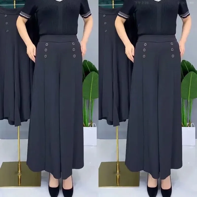 

Wide Leg Pants Women's Summer New High Waist Fashion Loose Double Breasted Elastic Waist Female Nine-Point Trouser Skirt Z469