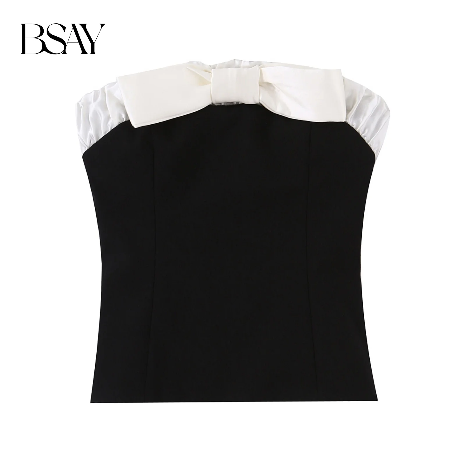 

BSAY Bow Spliced Strapless Top for Women Fashion Autumn Winter New Sleeveless Back Zip Vest Tank Chic Ladies Crop Tops Mujer