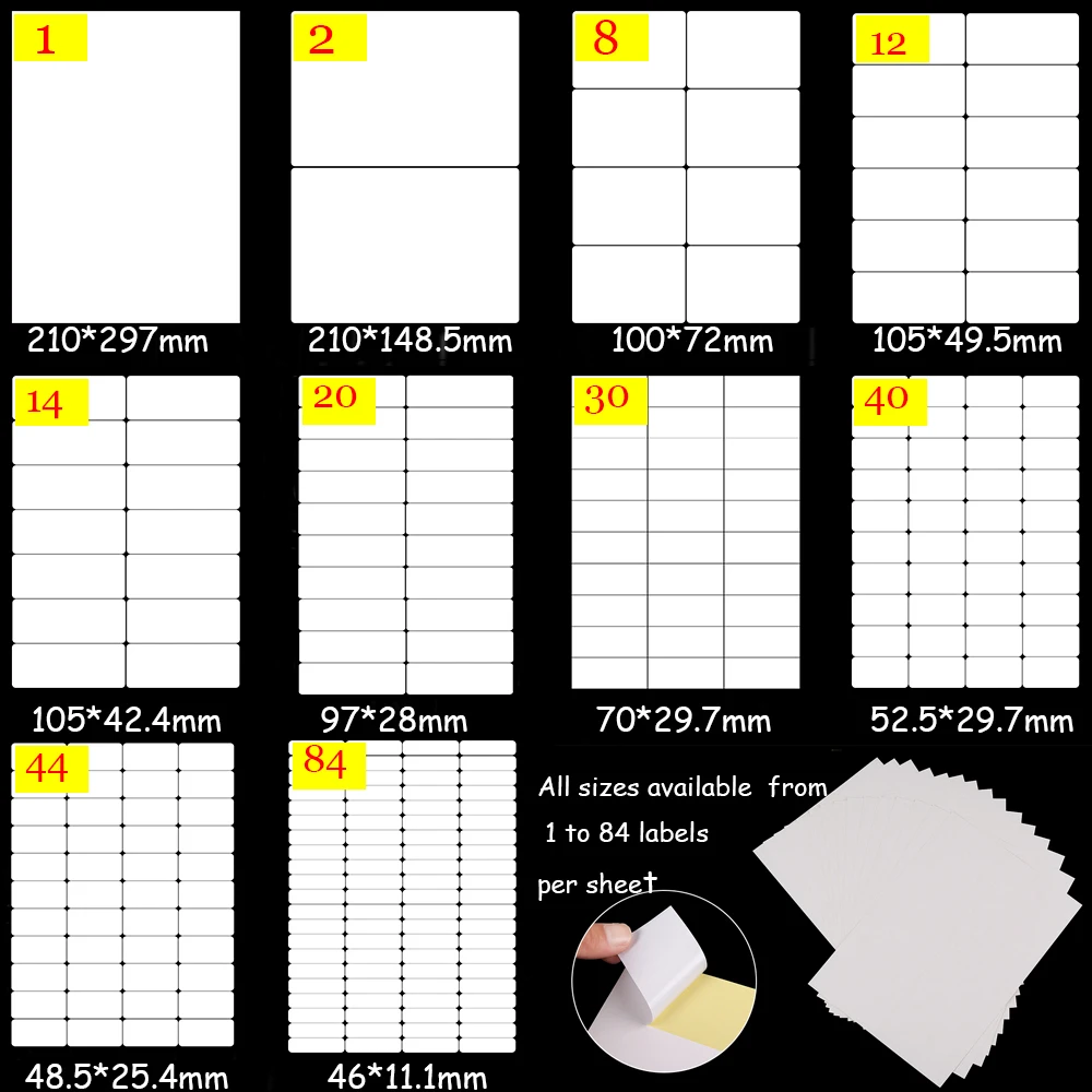 Etiquetas adhesivas multifunción, 5 hojas, blanco, autoadhesivas, para impresora de inyección de tinta/láser, suministros escolares y de oficina