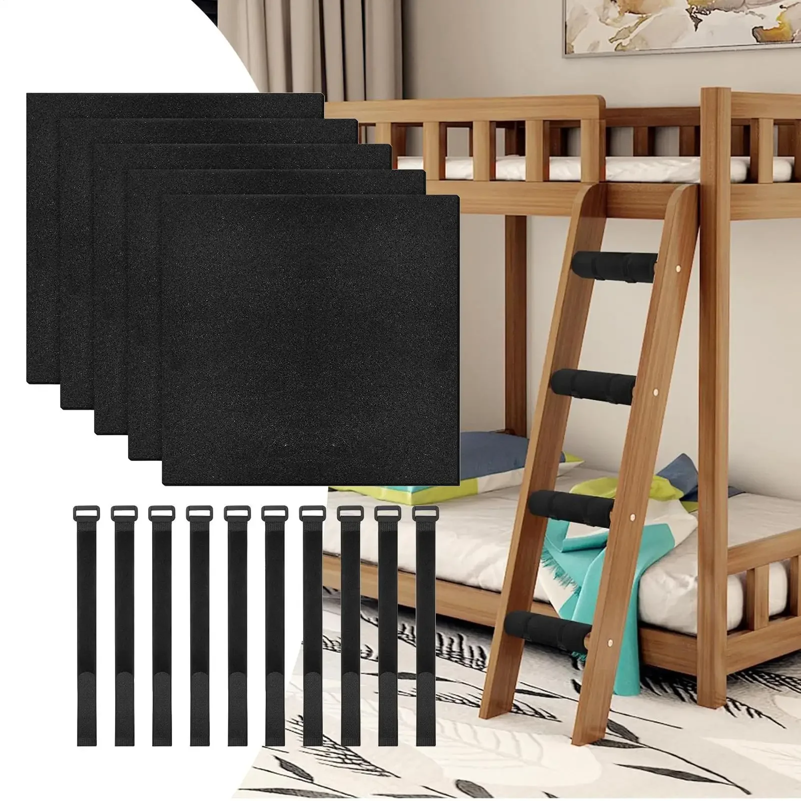 Bunk Bed Step Pads 5 Pieces Soft Anti-Slip Protector Bunk Bed Ladder Stabilizer Pads with 10 Adjustable Hoop Straps for RV Kids