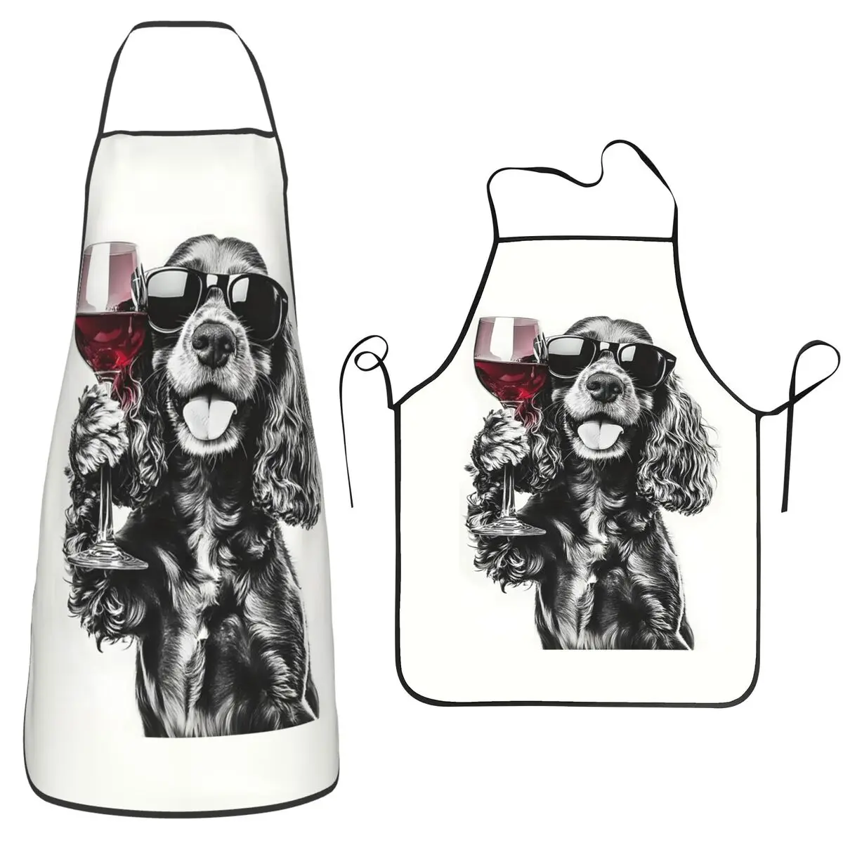 Delantal de cocina con diseño de perro Cocker Spaniel bebiendo vino y con gafas de sol, delantal de chef para cocinar, delantal de limpieza para mujeres y hombres