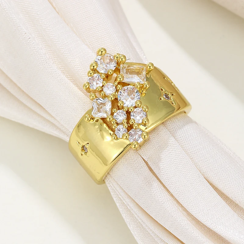Luxury Star Cluster Zircon Rings Gold Color Wide Band Statement Ring Shiny CZ Jewelry for Women Daily Matching Anniversary Gift