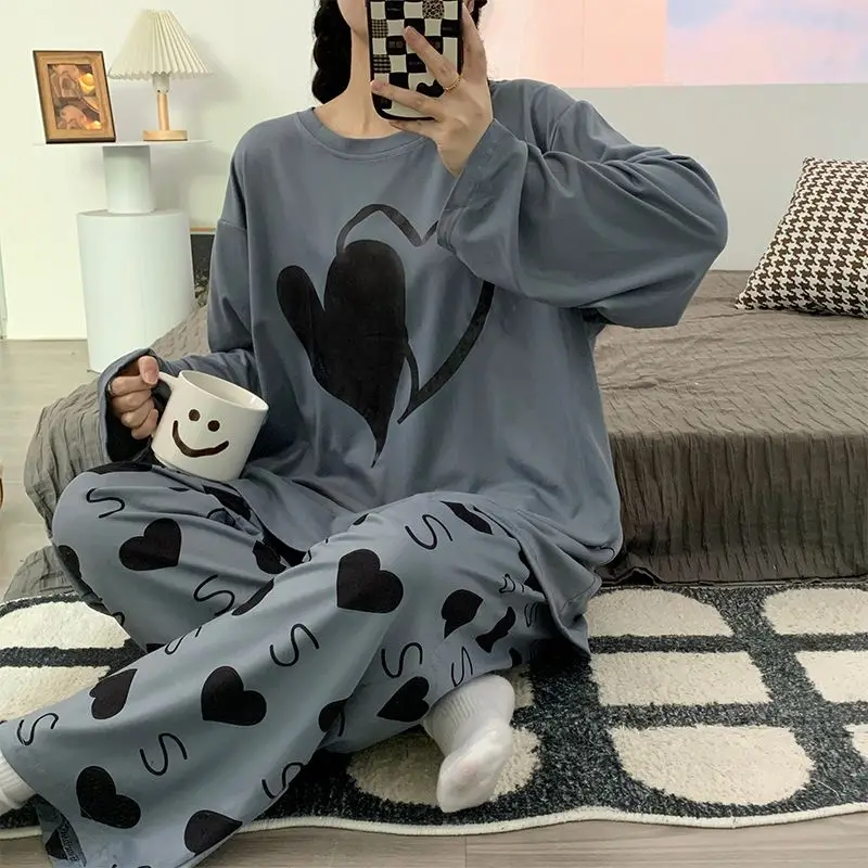 Plus Size 5XL 150kg Autumn Women Pyjamas Sleepwear Hearted Print Homewear Suit O Neck Long Sleeve Homewear