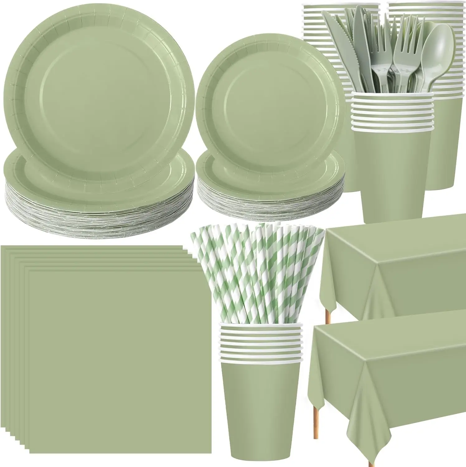 

Sage Green Party Supplies for 50 Guests: Plates, Cups, Napkins, Tablecloth, Cutlery, Straws for Wedding Bridal Shower Birthday