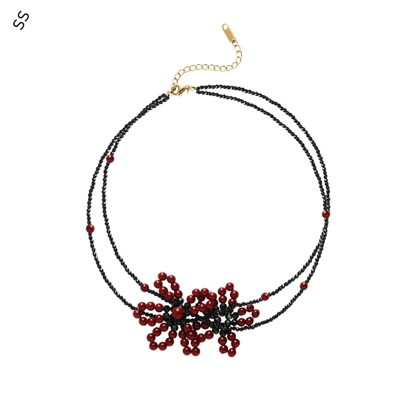 Elegant Dual-Layer Vintage Design Spinel Bead Flower Necklace – Affordable Chic New Chinese Style Choker for Stylish Women