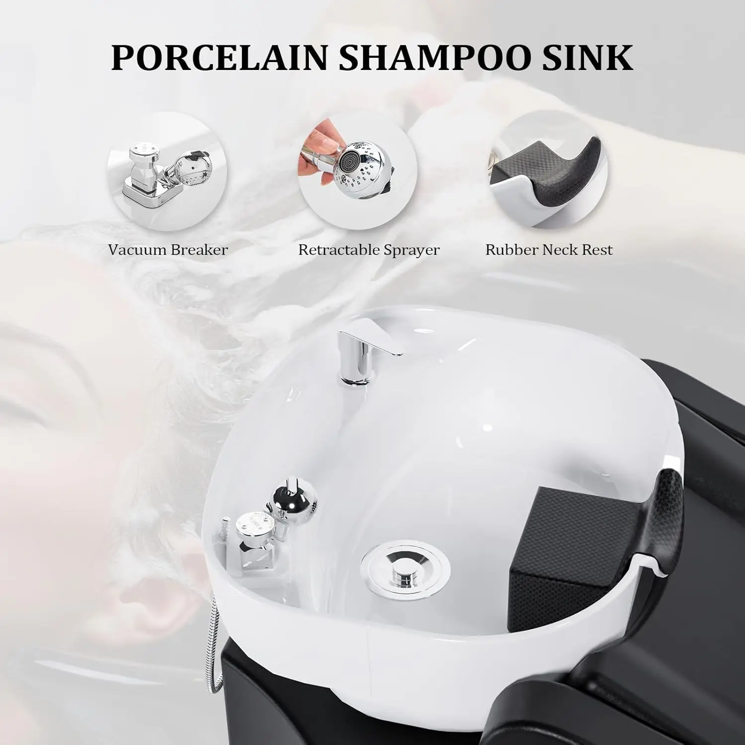 Omysalon Shampoo Backwash Unit With White Porcelain Bowl, Salon Sink Hair Wash Chair Shampoo Station, Barbershop Beauty Spa