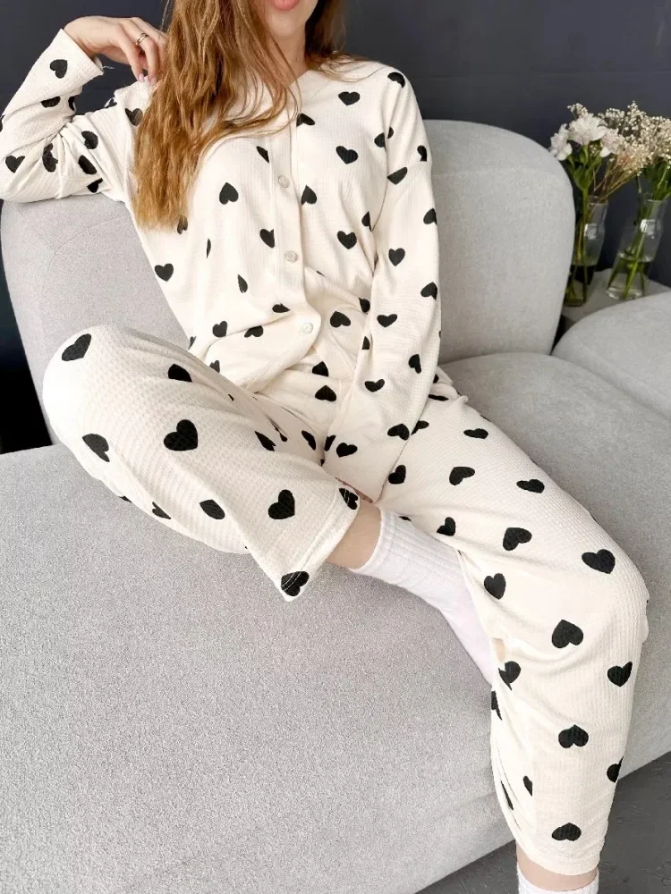 Autumn Winter 2-Piece Pajamas Set for Women Sleepwear Wafflefabric Love Printed Long-Sleeved Shirt and Long Pants Loungewear