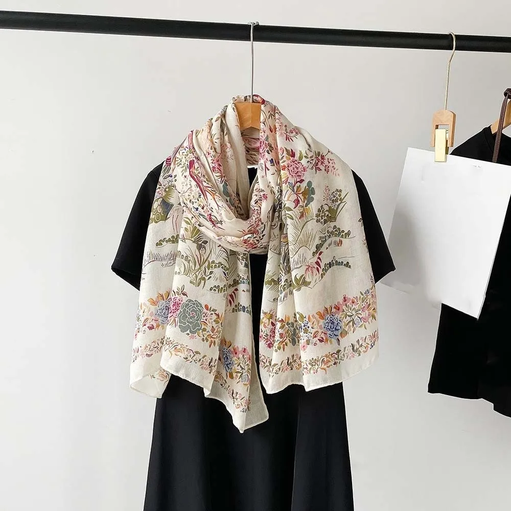 

Дышащий женский шарф с цветочным принтом, длинный тонкий большой платок с рисунком птицы, полиэстер, впитывающий пот, солнцезащитный платок