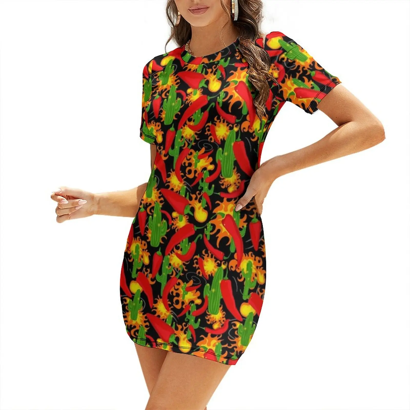 Chilli Peppers, Cactus and Flames Cartoon Pattern Short Sleeved Dress Women's summer suit Dance dresses Dress