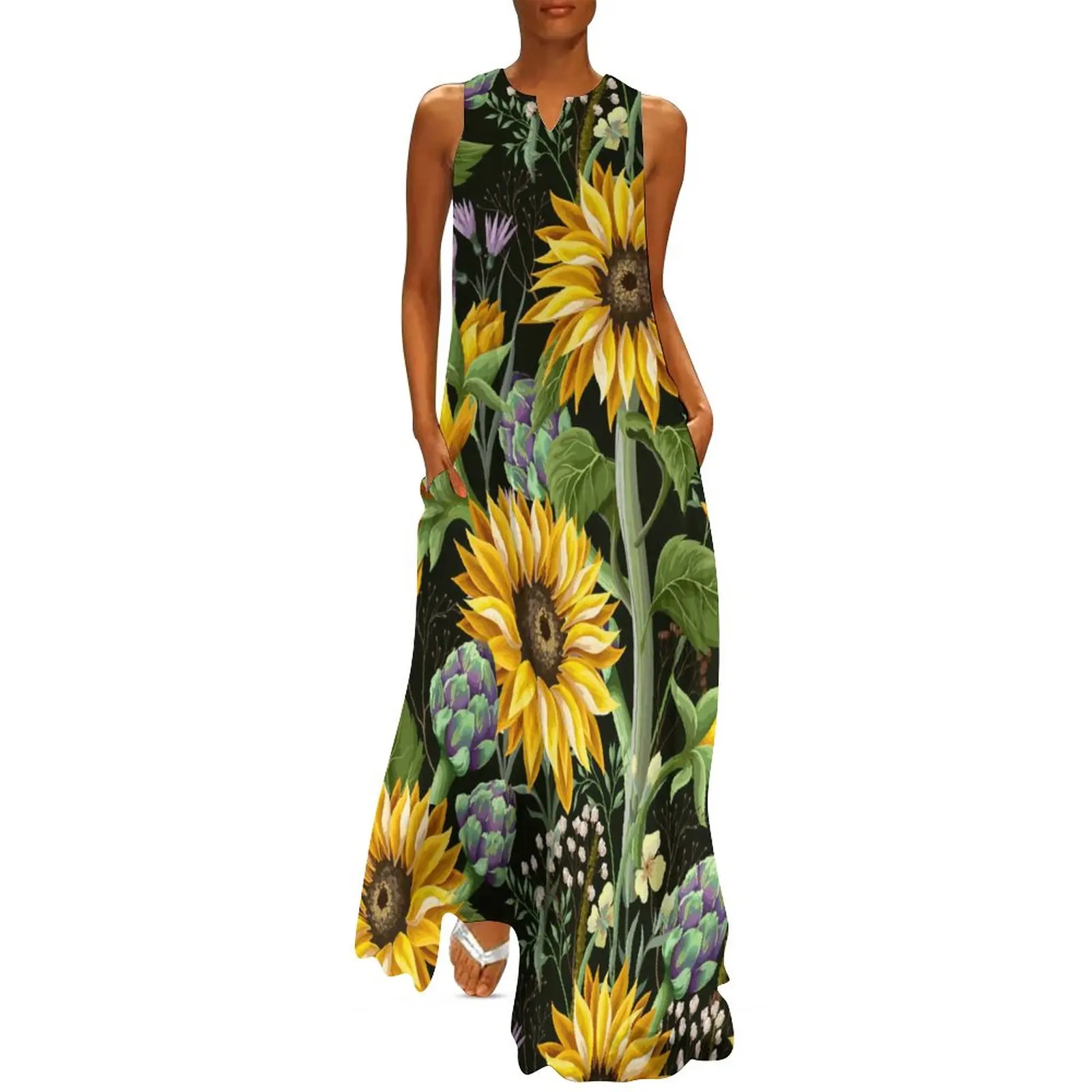 Sunflower Art Dress Sunflowers Blooming Beach Maxi Dress V Neck Print Casual Long Dresses Street Fashion Oversized Clothes