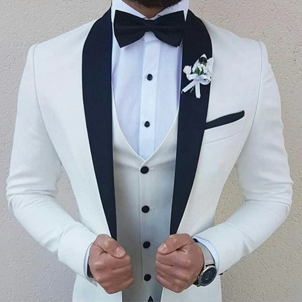 2023 Latest Designs White Men Suits Black Shawl Lapel Formal Tuxedos Wedding Blazer Sets Prom Party Two Pieces (Jacket+Pants)