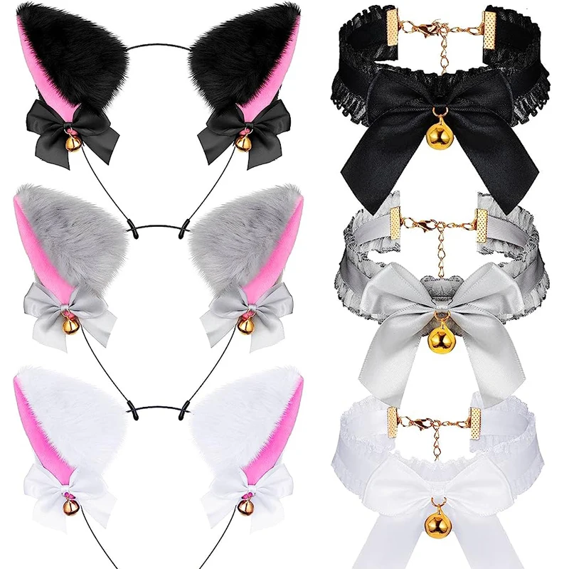 2 pz/set Cat Ear Bow fascia per capelli collana guanti artiglio di gatto Cosplay peluche campana fascia per capelli donna ragazza partito copricapo accessori per capelli