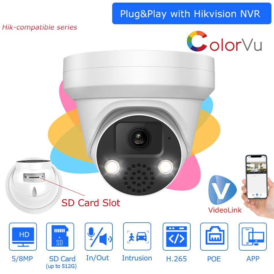 

Hikvision Compatible 5MP 8MP Colorvu IP Camera Bulit-in Mic Speaker Security Protection Surveillance IP Camera Plug&Play Hik NVR