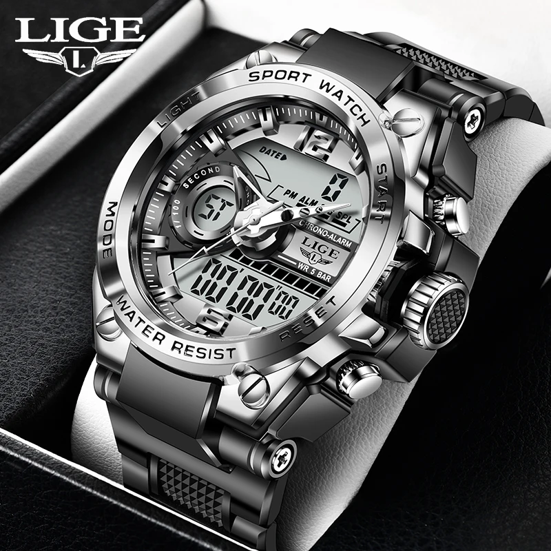 

LIGE мужские спортивные цифровые часы для дайвинга, мужские часы в стиле милитари, роскошные стальные деловые хронографы, силиконовый ремешок, 50 АТМ, водонепроницаемые