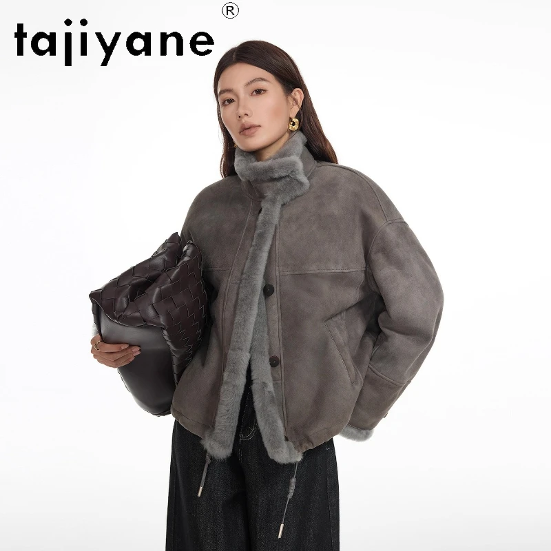 TAJIYANE Natürliches Merino-Schaffell mit angebrachtem Wolljacken, Stehkragen, Echtpelzjacke, Damenbekleidung, 2025, Winter-Oberbekleidung