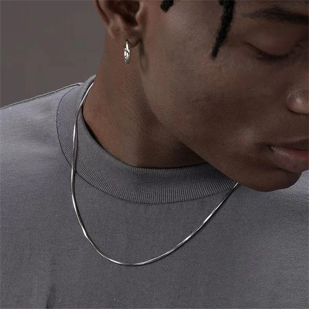 Hip-Hop-Herren-Halskette aus Edelstahl, einfache silberfarbene quadratische Schlangenkette, modisches Schmuckzubehör – Detail 3