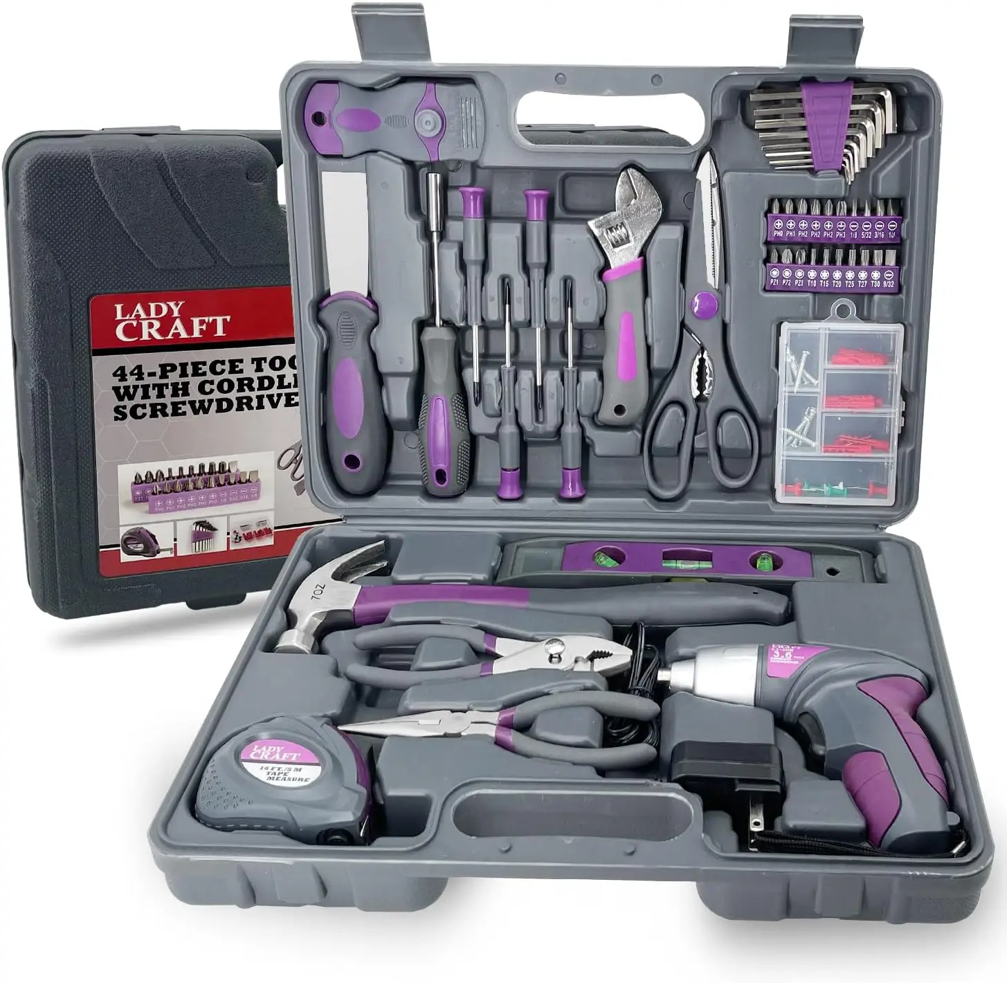 44PCS 4V Cordless Screwdriver Tool Kit Set Pink Color Tools Lady Tools Kit Home Repair Set Toolbox Hand Tool Kit Storage Case