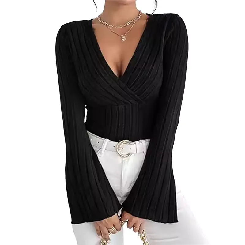 

CYL-Women's Ribbed V-Neck Slim Fit Long Sleeve T-Shirt Top Trumpet Sleeve Casual Fashion Top Black L