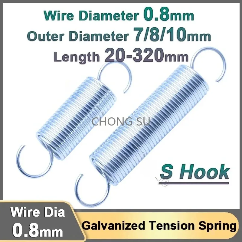 

0.8mm Galvanized Tension Spring Extension Springs S Hook Zinc Plated Spring Steel Coil Pullback Stretching Spring OD 7 8 10mm