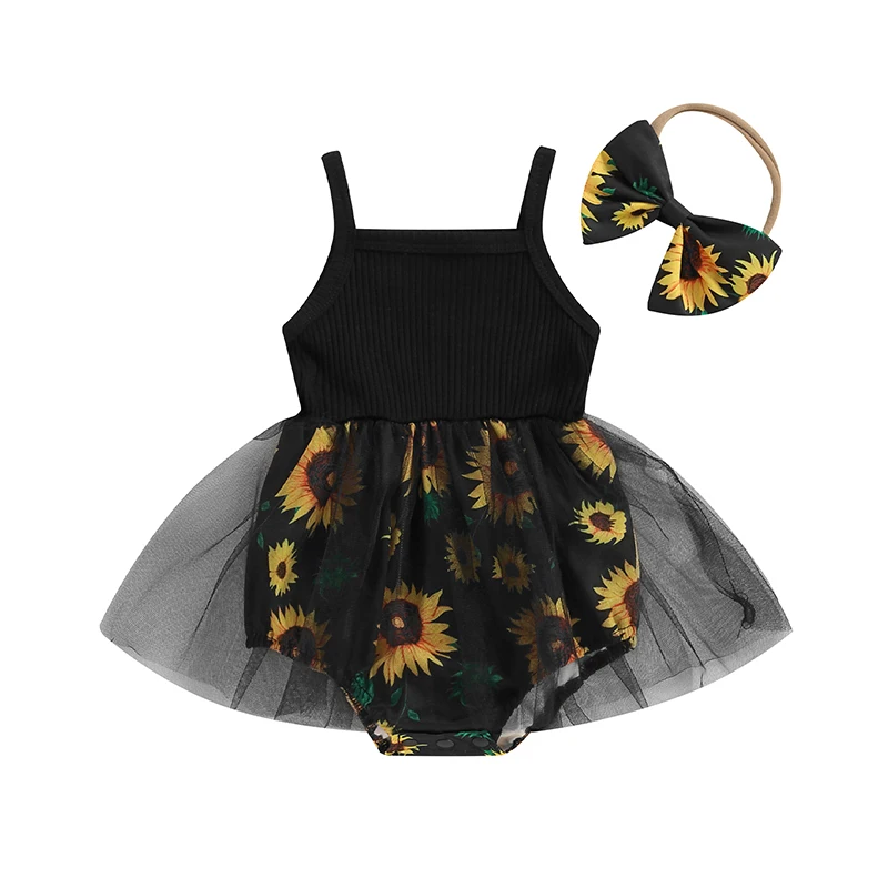 

Baby Girls Rompers Dress Sunflower Print Spaghetti Strap Tulle Skirt Hem Infant Bodysuits Summer Clothes with Headband