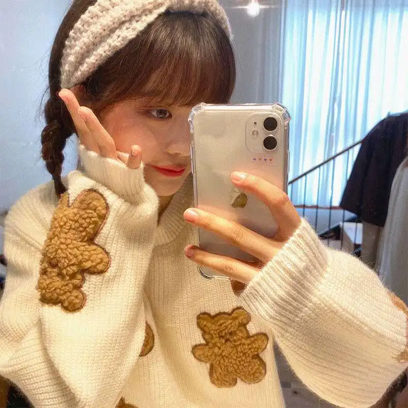 Kawaii Bear Oversize Women Pullovers Harajuku Sweaters Korean Mid Length O Neck Sweet Y2k Sueter Mujer Knitted Tops