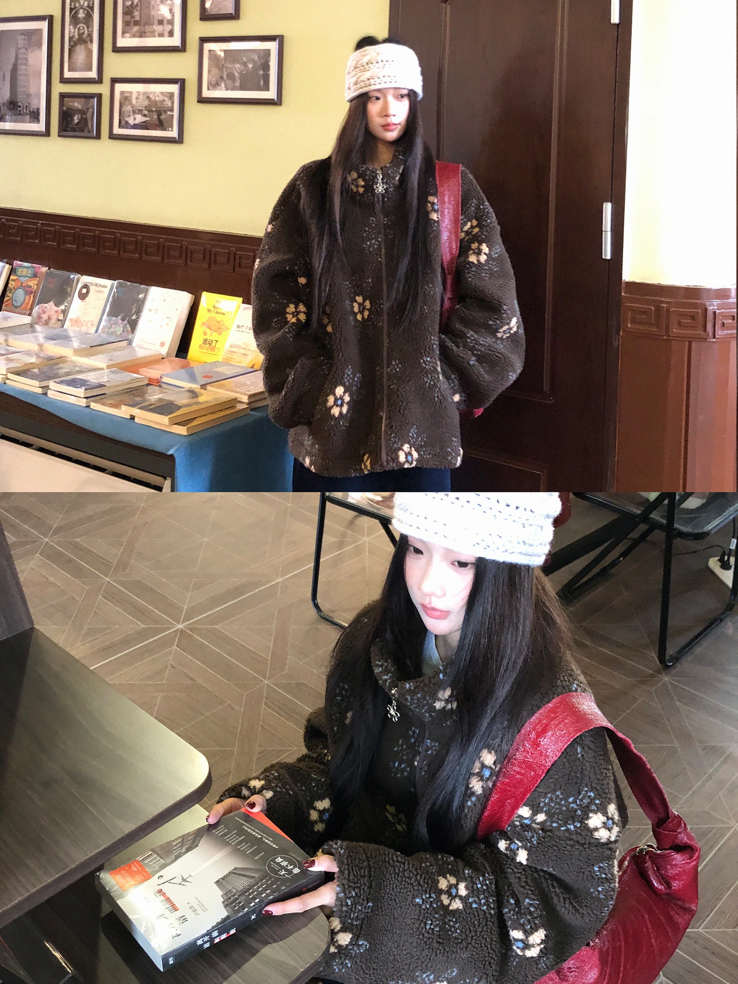 سترة نسائية من فرو الحمل الأحمر بأسلوب المشاهير، موديل خريف وشتاء جديد، معطف قطني بني أنيق مبطن بالصوف، سترة قطنية بأسلوب عملي