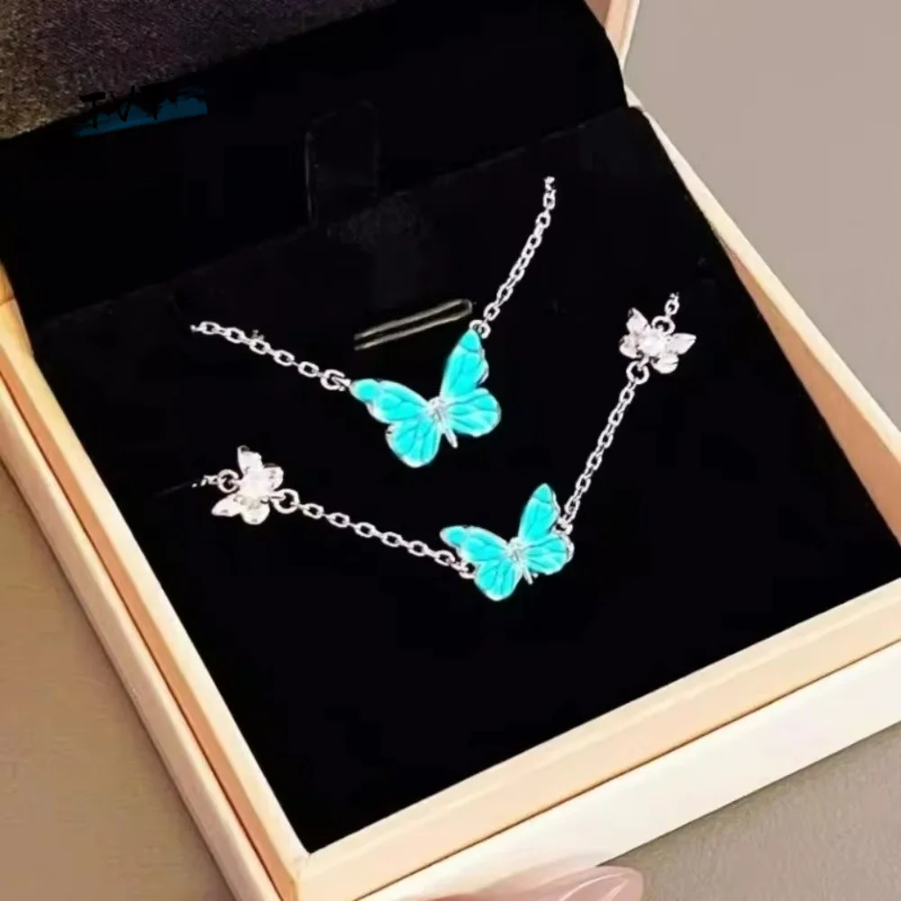 Ins Luminous Butterfly Necklace Sweet Elegant Butterfly Bracelet Bangle Clavicle Chain Forest Necklace Bracelet Girl