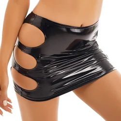 Women's Latex Leather Pencil Skirts Clubwear Cutout Mini Hip Skirt Hollow Out Side Lingerie Rave Miniskirt