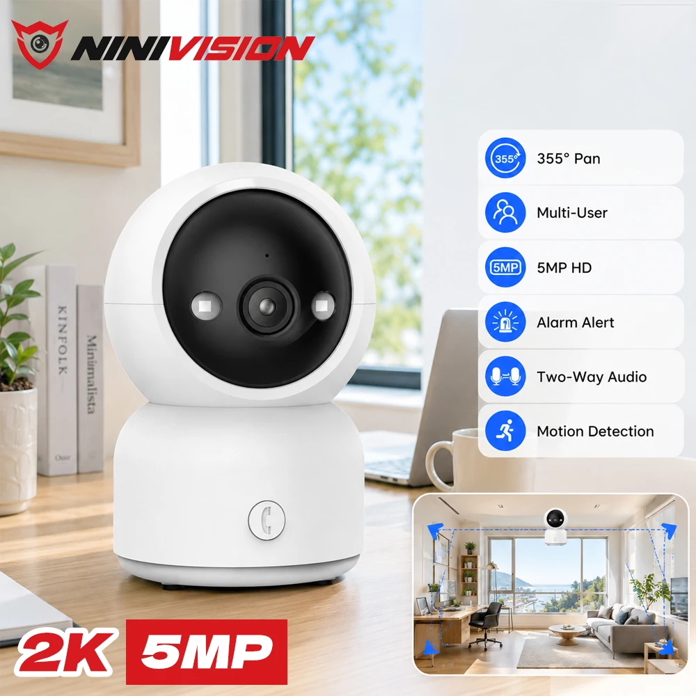 5MP Indoor WiFi Security Camera 355 Pan 90 Tilt Motion Detection Two Way Audio Night Vision TF Card One Touch Call Smart Monitor
