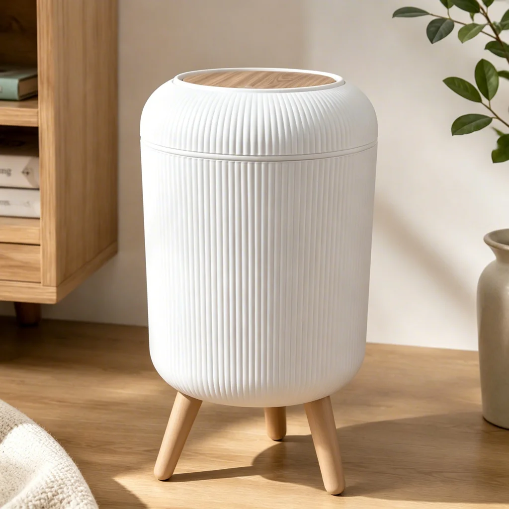 Vertical Ribbed Flip‑Top Trash Can, All‑Plastic Standing Decorative Garbage Bin with 3 Legs & Wood‑Look Lid