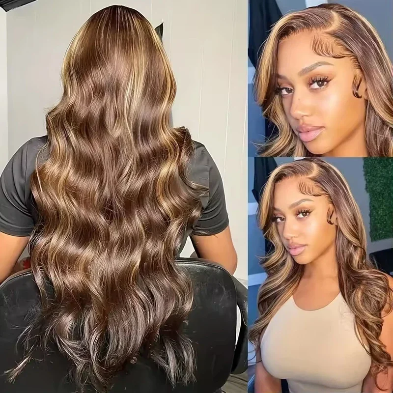 P4/27 Brazilian Body Wave Human Hair Wig for Women 34 Inch 13x4 HD Transparent Lace Frontal with Colored Highlights