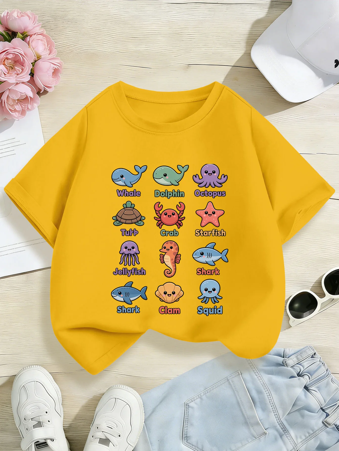 Kawaii Marine Life Sea Animals With Name Print Kids T Shirt Boys Girls Family Matching Parent Child Summer Crew Neck Casual Tee