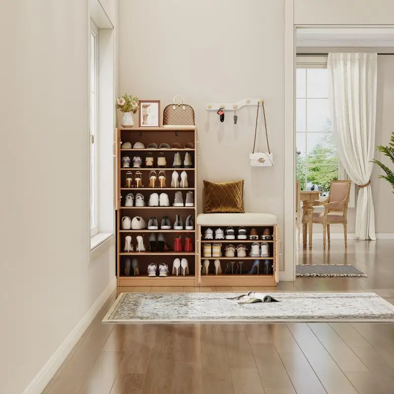 خزانة أحذية متعددة الوظائف مع مقعد و10 حجرات تخزين، وأرفف قابلة للتعديل، ومقعد أحذية مبطن #6