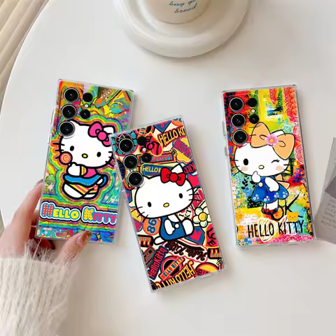 Hello Kitty Cartoon Phone Case For Samsung Galaxy S24FE S25 S23 S21 Ultra S20 S24 FE S22 S25Plus S23 A35 A55 5G Case Clear Cover