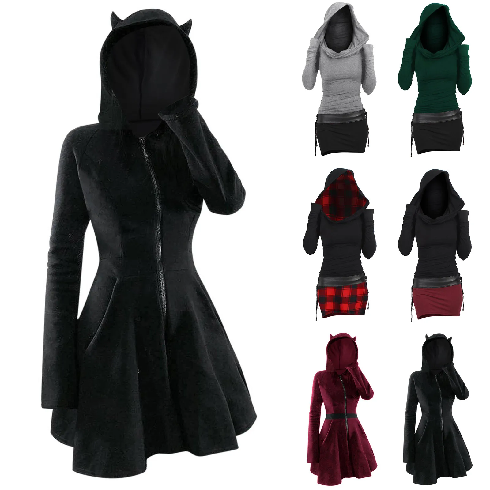 

Harajuku Gothic Hooded Dresses Halloween Renaissance Medieval Zip Up Long Sleeve Dress Vestido Punk Cosplay Victorian Dress