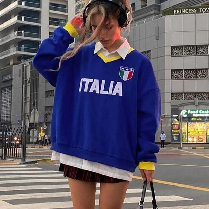 2023 Italia Flag Blue Letter Print Hoodies Grunge Y2k Spring New Long Sleeve Sweatshirt Women Basic T Shirt Casual V-neck Tops